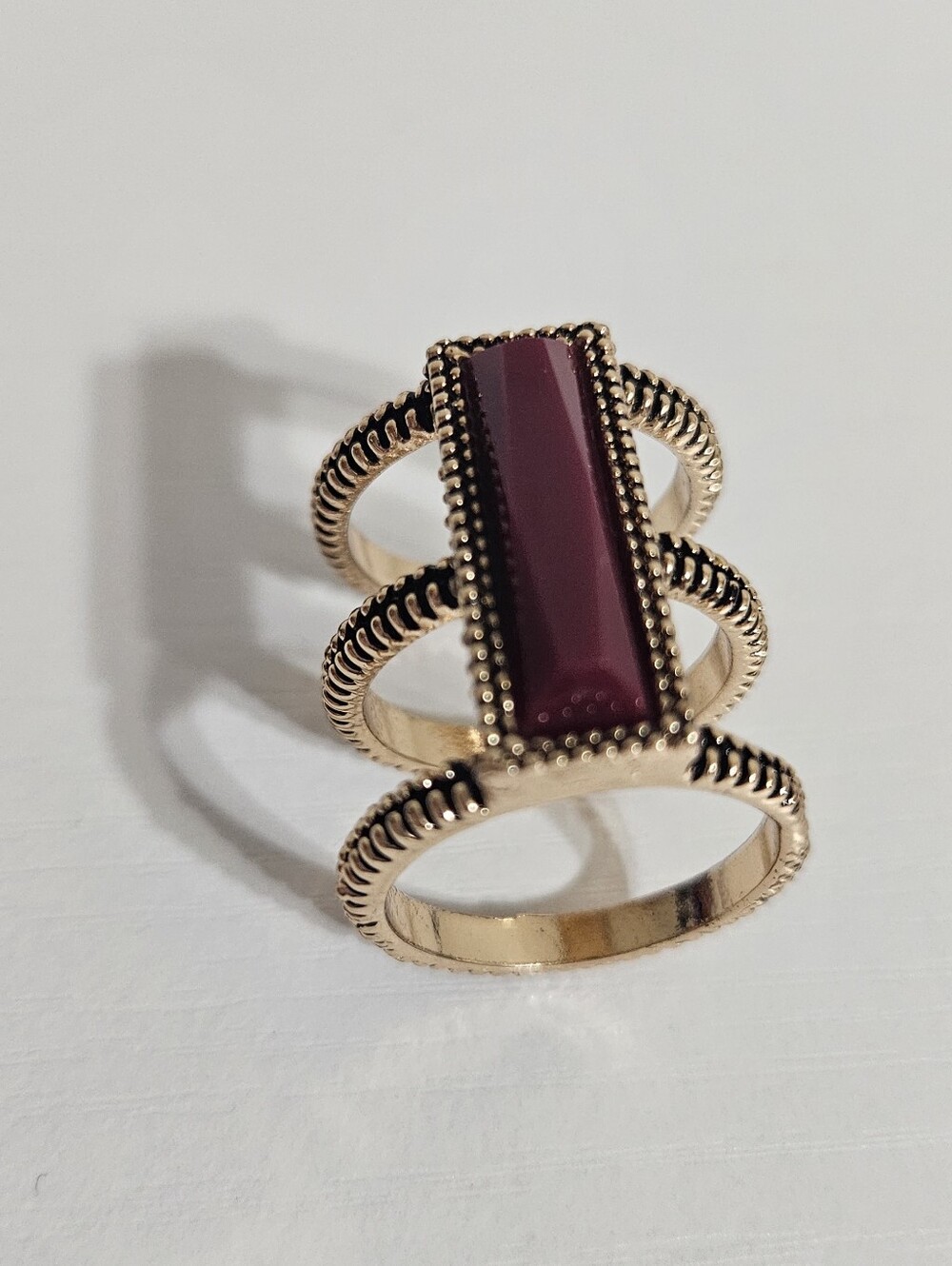 Gold Tone Triple Band Ring with Burgundy Rectangle Stone